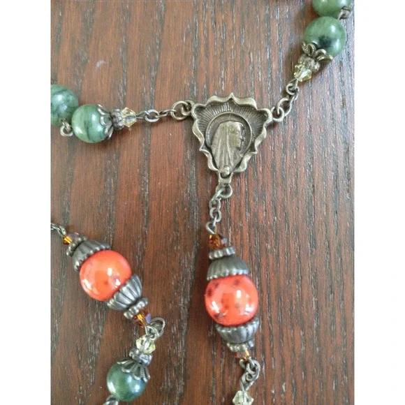 Connemara Marble Rosary Beads Green Orange Celtic Cross Necklace Made in Ireland - Picture 6 of 9